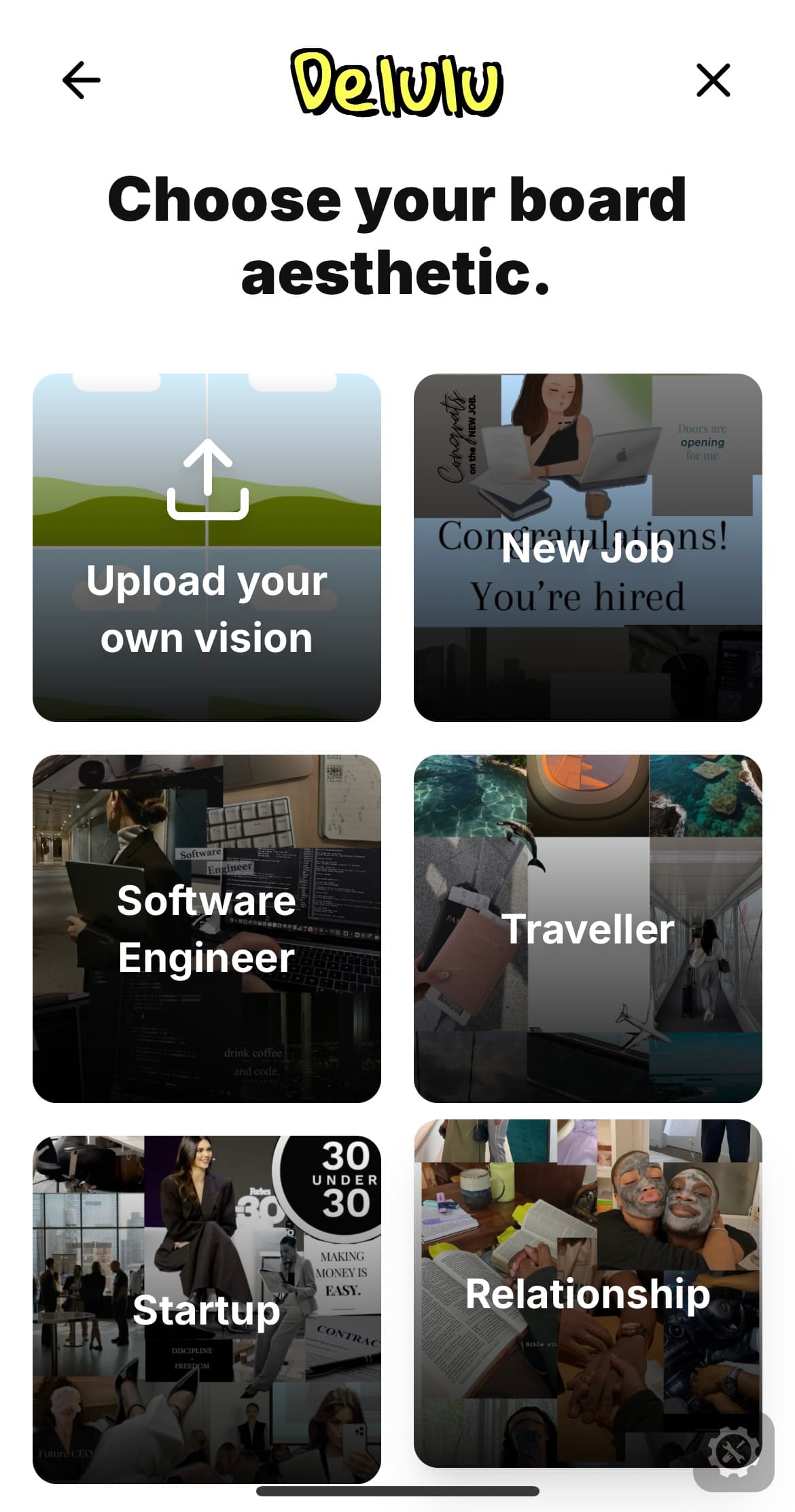 Delulu app board selection showing different goal categories