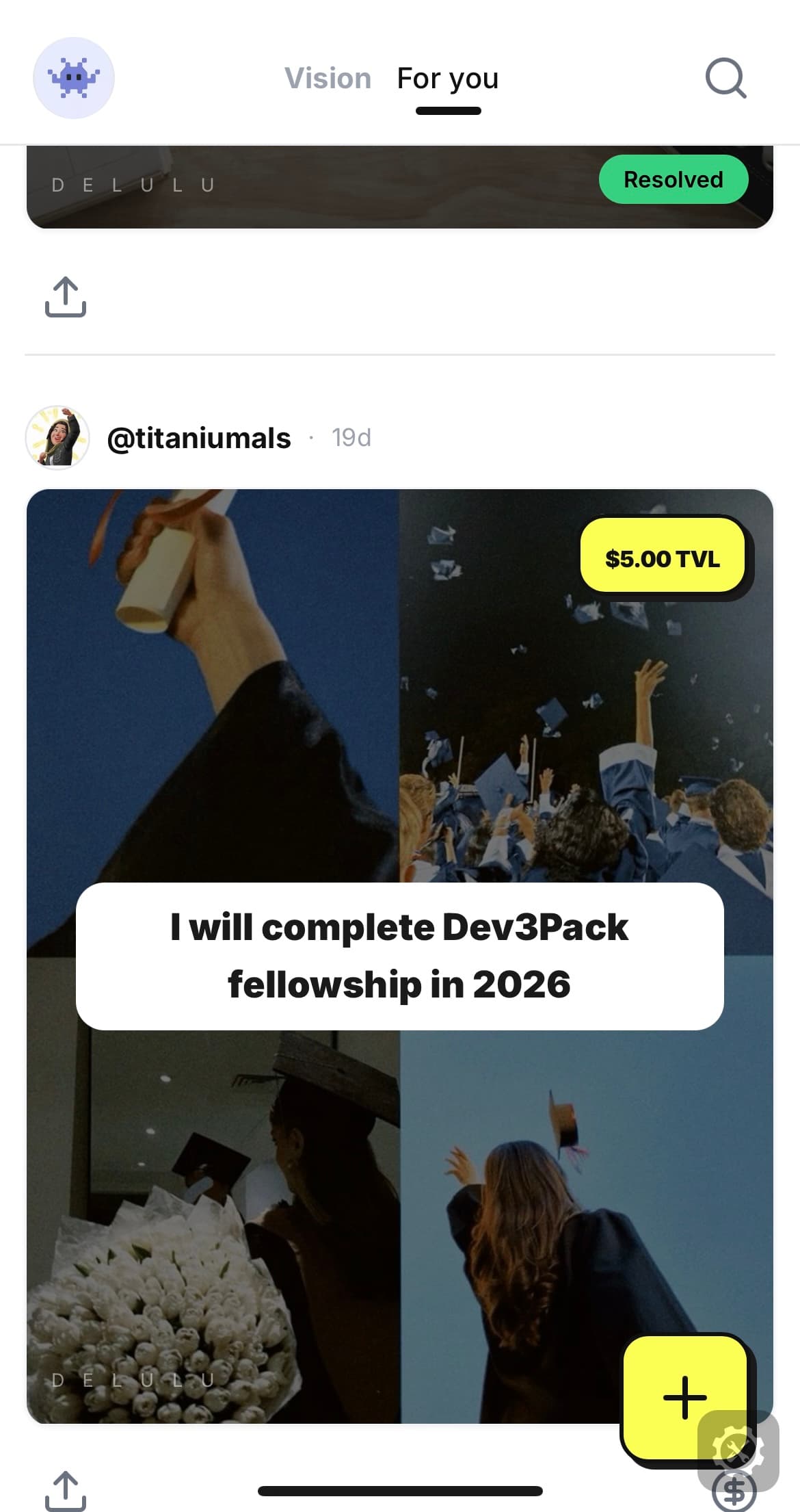 Delulu app feed showing personal goal predictions
